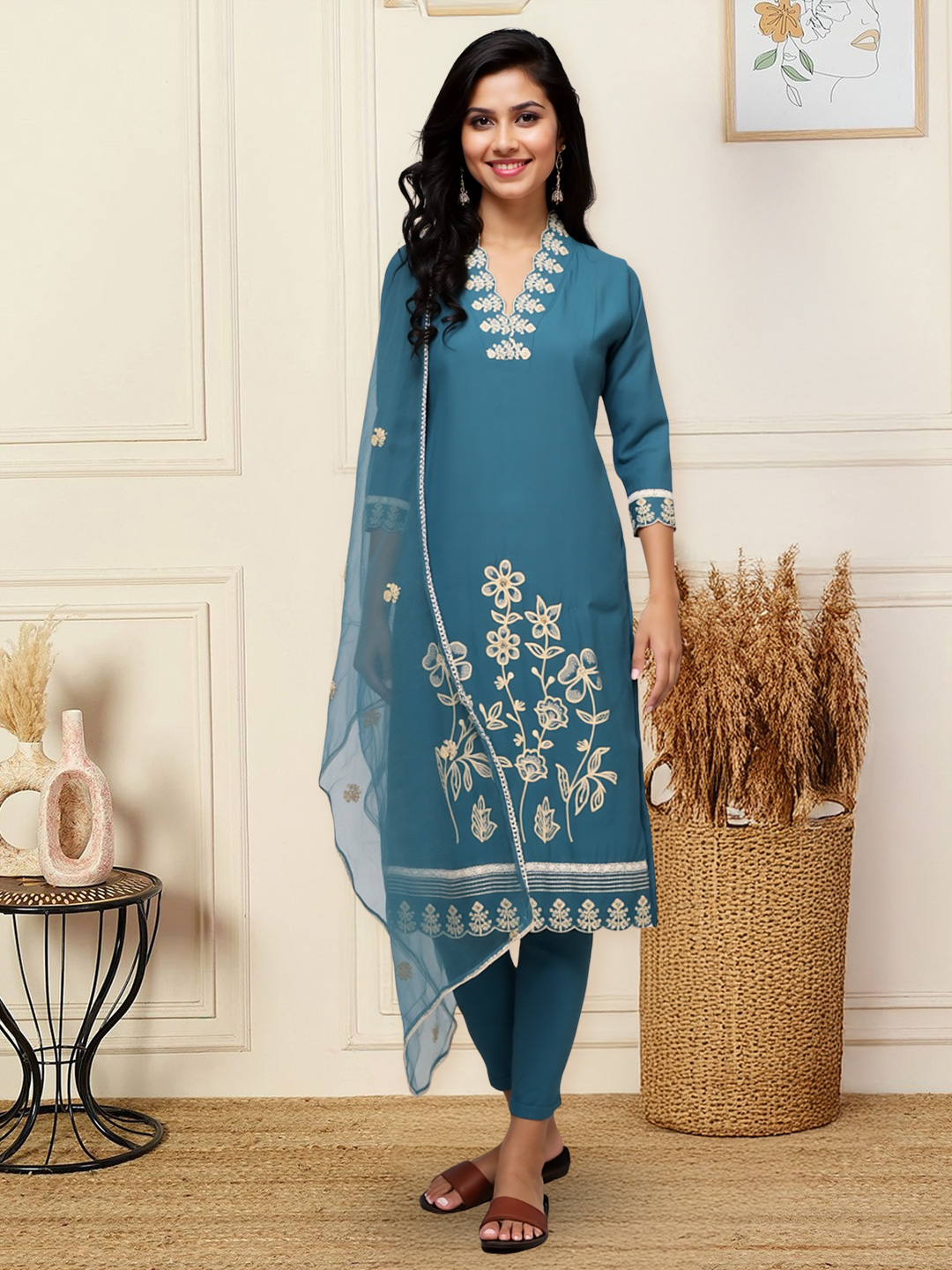 Picture of A Perfect Blend of Tradition and Modernity Floral Embroidery Elegant V-Neckline Kurta with Pant & Dupatta Set